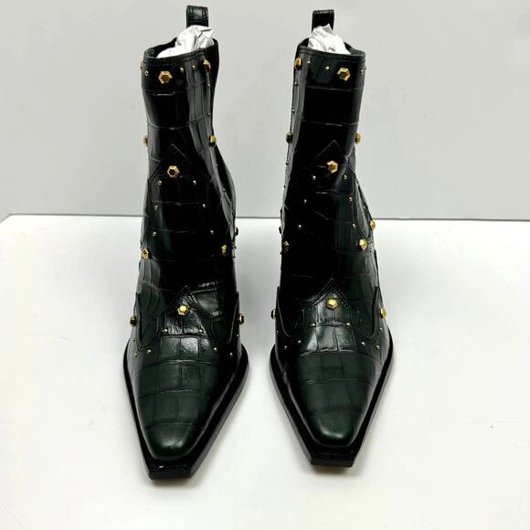 NEW Vince Camuto Norley Dark Green Crocodile Leather Gold Studded Ankle Booties - Picture 4 of 10